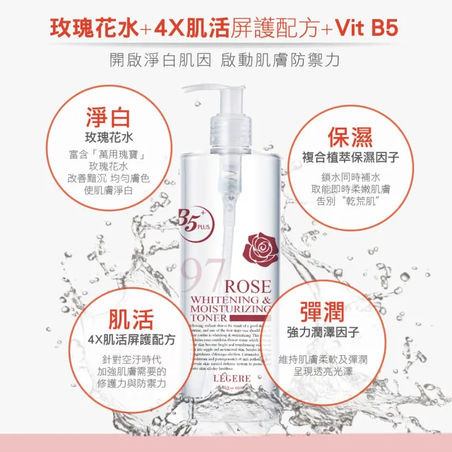 【LEGERE 蘭吉兒】97玫瑰淨白防護精華露(500ml/瓶*4入組)