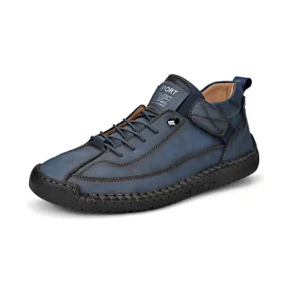 【ANSEL】真皮休閒鞋/真皮復古繫帶魔鬼粘造型手工縫線運動休閒鞋-男鞋(藍)