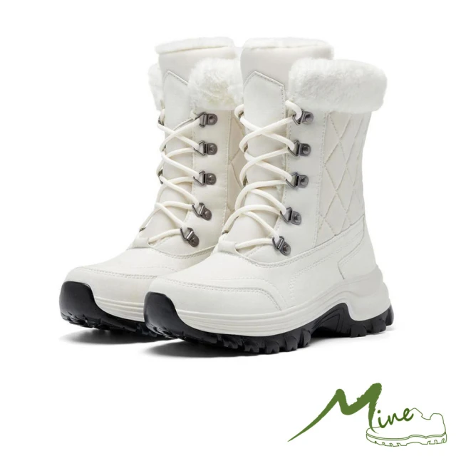 MINE 保暖雪靴 綁帶雪靴/保暖機能格紋車線毛絨靴口綁帶造