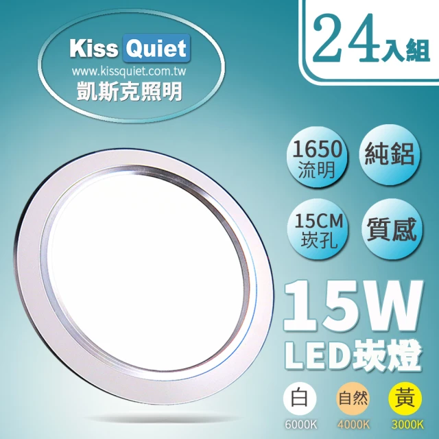 【KISS QUIET】LED 15W銀邊高質感全鋁/開孔15cm崁燈-24入(崁燈 吸頂燈 嵌燈 燈泡 軌道燈 燈管 輕鋼架)