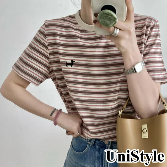 【UniStyle】短袖圓領T恤 韓版條紋臘腸小狗刺繡上衣 女 UP1704(棕紅)