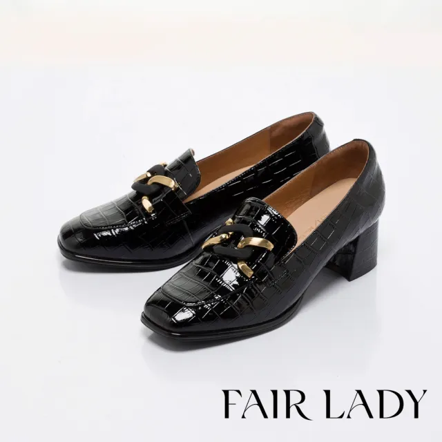 【FAIR LADY】優雅小姐 時尚壓紋鍊帶中跟樂福鞋(黑、6B2786)