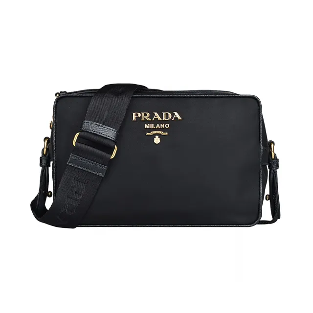 【PRADA 普拉達】PRADA TESSUTO浮雕LOGO拉鍊尼龍斜背相機(黑)