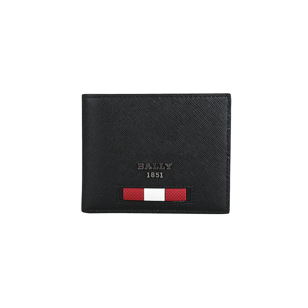 【BALLY】BEYVE鐵灰色金屬LOGO紅白紅橡膠條紋塗層再生牛皮6卡對折短夾(黑)