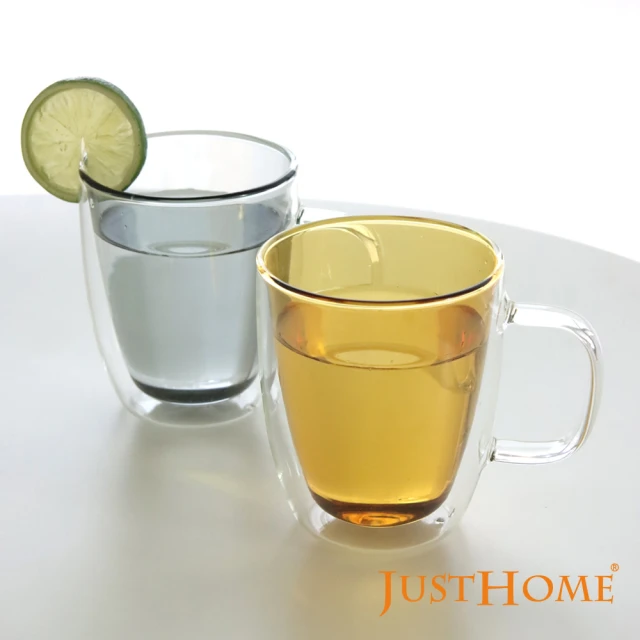 Just Home 清透彩色雙層耐熱玻璃馬克杯380ml-2入組 琥珀+灰色(雙層玻璃杯 水杯)