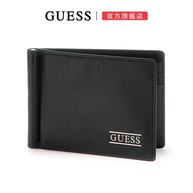 【GUESS】簡約LOGO素面卡片鈔票夾 皮夾(黑)