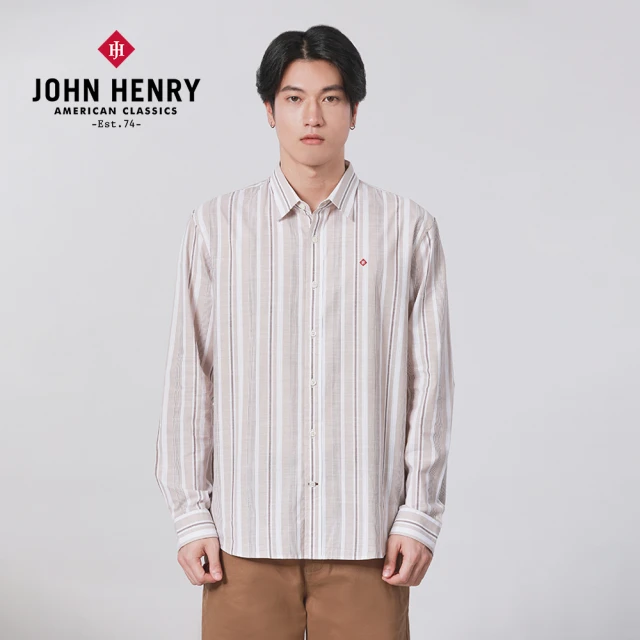 JOHN HENRY 純棉休閒條紋襯衫-米色