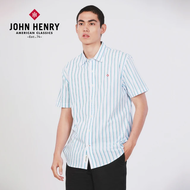 JOHN HENRY 純棉休閒直條襯衫-白色