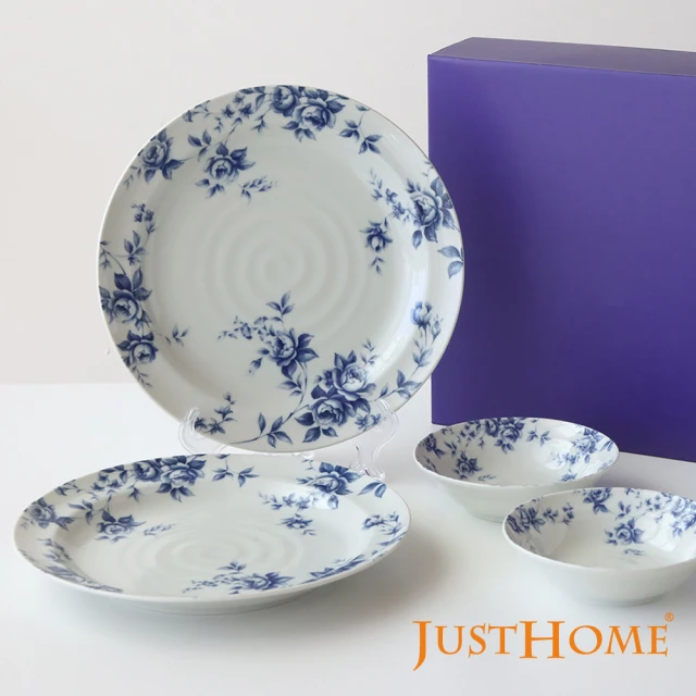 Just Home 日本製藍卉陶瓷餐具8件組-3種器型(盤 