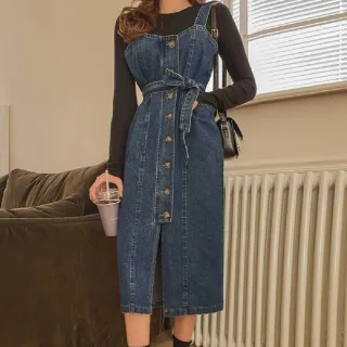 【創翊韓都】韓國空運 排釦綁帶牛仔平口洋裝ANT-0501-創翊韓都(現貨)