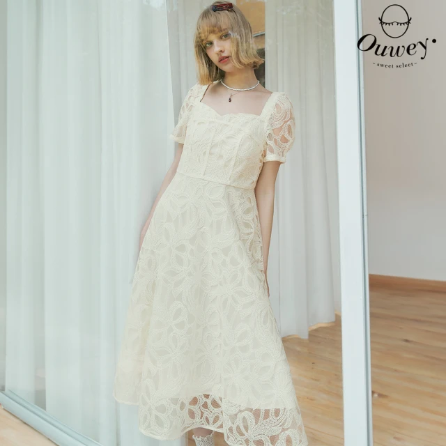 OUWEY 歐薇 雙層花朵透視感蕾絲裙(白色；XS-M；32