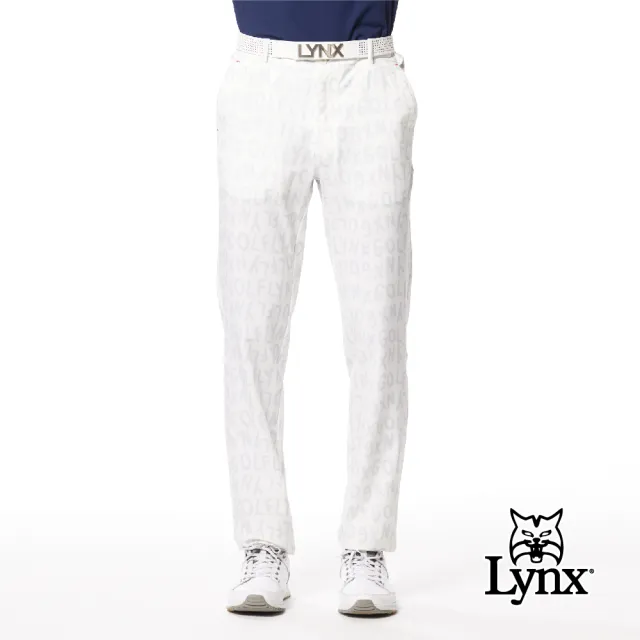 【Lynx Golf】男款防潑水彈性舒適Lynx字樣俏皮印花三色織帶剪接造型平口休閒長褲(三色)