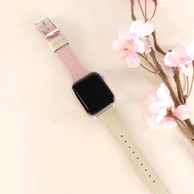 Watchband Apple Watch 全系列通用錶帶 蘋果手錶替用錶帶 雙色真皮錶帶(粉x米白色)
