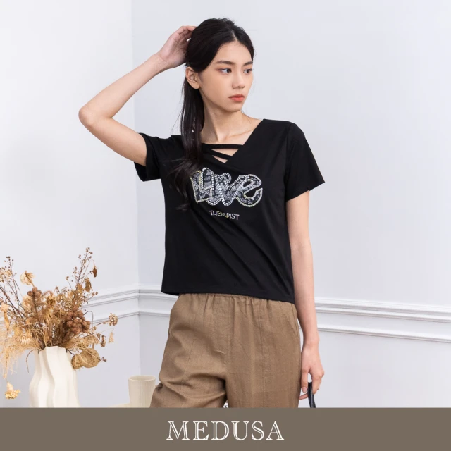 MEDUSA 曼度莎 現貨-LOVE 鑽飾線條造型T恤（M-XL）｜女休閒上衣 短袖上衣(301-52001)