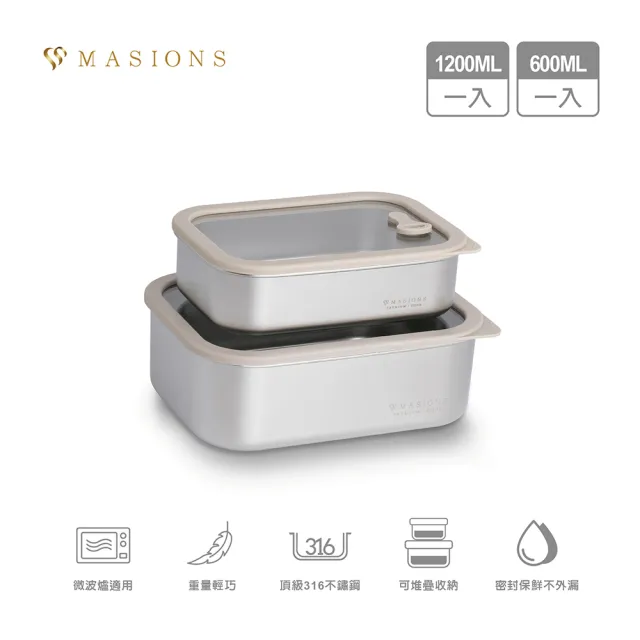 【MASIONS 美心】PREMIUM 可微波 皇家316不鏽鋼矽膠玻璃蓋抗菌保鮮盒(2件組)