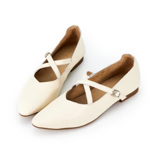 【HERLS】瑪莉珍鞋-全真皮交叉繫帶尖頭瑪莉珍平底鞋(米白色)