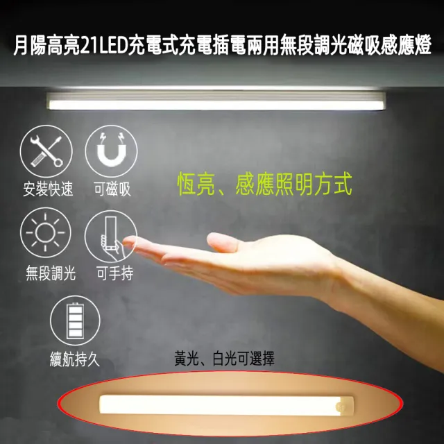 【月陽】高亮21LED充電式充電插電兩用無段調光磁吸帶開關感應燈小夜燈手電筒(YMM005)