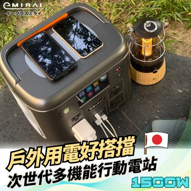 【日本e+MIRAI】1500W/1280Wh次世代行動電站+120W太陽能充電組(磷酸鐵鋰電源+太陽能充電板組合)