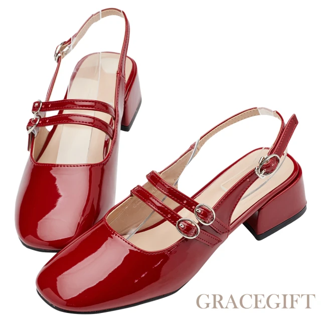 Grace Gift 復古方頭雙帶瑪莉珍後空中跟鞋(米白漆)