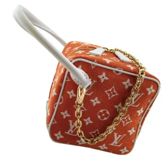 【Louis Vuitton 路易威登】白色Monogram刺繡橘色毛呢手提肩背兩用金鍊骰子包(展示品)