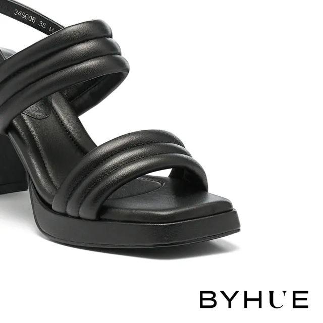 【BYHUE】簡約質感澎澎寬帶羊皮軟芯美型方頭高跟涼鞋(黑)