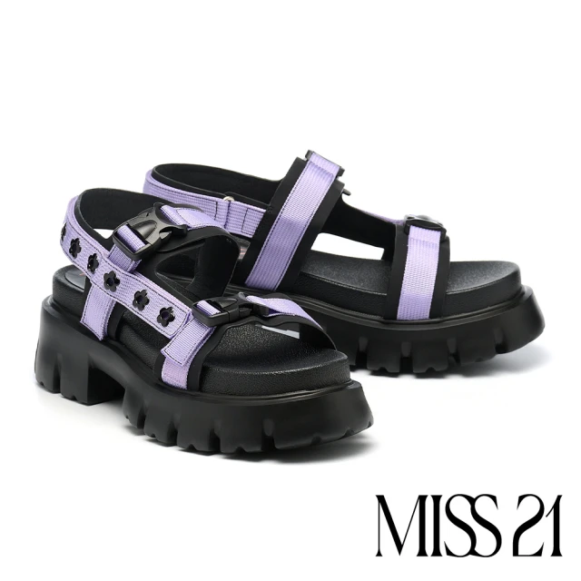 MISS 21 敏感工裝風個性小花撞色車線魔鬼氈圓頭厚底涼鞋(紫)
