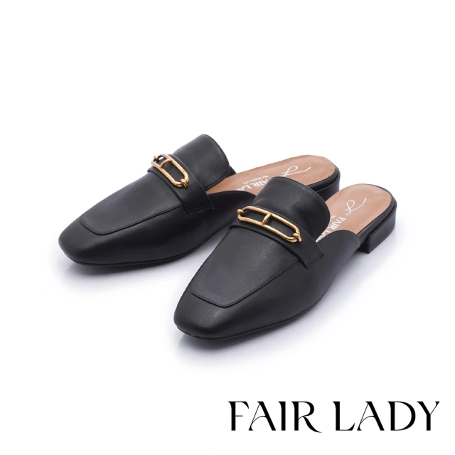 【FAIR LADY】小時光 質感飾釦低跟穆勒鞋(黑、3B2823)