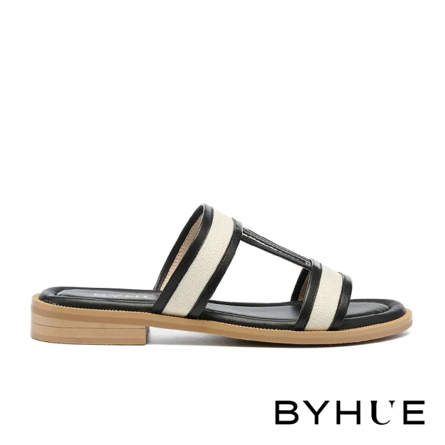 【BYHUE】簡約質感撞色異材質工字寬帶軟芯低跟拖鞋(黑)