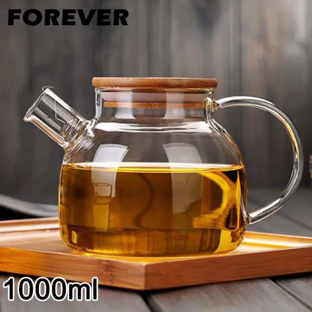 【日本FOREVER】日式竹蓋耐熱玻璃把手花茶壺(1000ML)