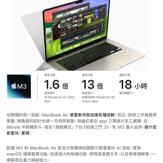 【Apple】MacBook Air 13.6吋 M3 晶片 8核心CPU 與 8核心GPU 8G 256G SSD