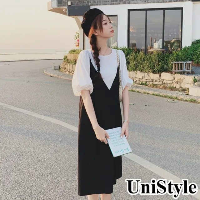 【UniStyle】假兩件短袖洋裝 韓系撞色拼接顯瘦減齡風 女 ZM196-568(黑)