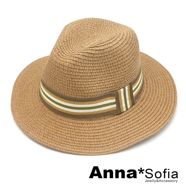 【AnnaSofia】買一送一久等禮 遮陽帽防曬帽網美渡假草帽海灘帽紳士帽爵士帽-色調織帶 現貨(駝系)