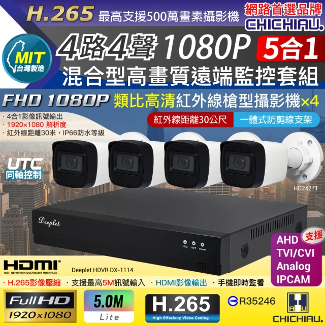 【CHICHIAU】DEEPLET 4路1080P數位高清遠端監控套組(含1080P 200萬攝影機HD2427Tx4)