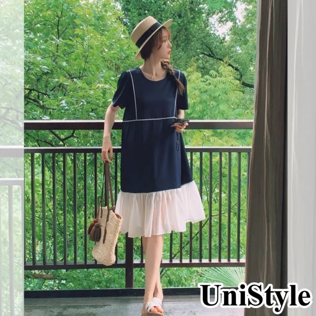 【UniStyle】簡約短袖洋裝 韓系撞色拼接顯瘦連身裙 女 ZMC170-1996(藏藍)