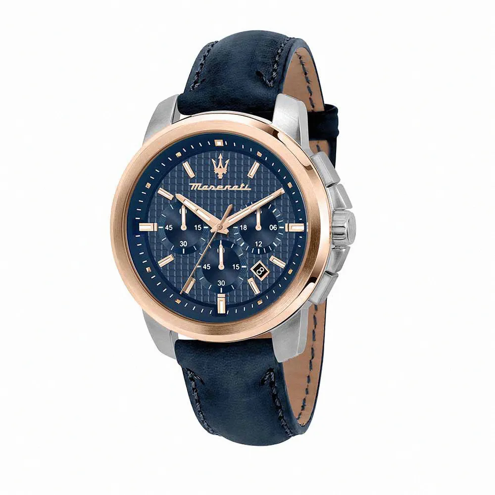 【MASERATI 瑪莎拉蒂 官方直營】Successo 輝煌成就系列三眼手錶 雕紋X經典藍 真皮錶帶 44MM R8871621015