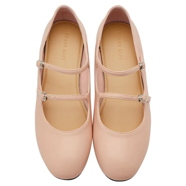 【Grace Gift】雙帶瑪莉珍低跟芭蕾舞鞋(粉橘)
