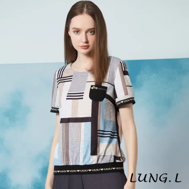 【LUNG.L 林佳樺】LN95A白底卡其色塊搭配條紋短袖女裝上衣