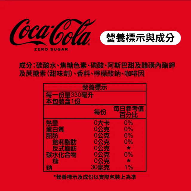 【Coca-Cola 可口可樂ZERO SUGAR】無糖零卡易開罐330mlx6入/組