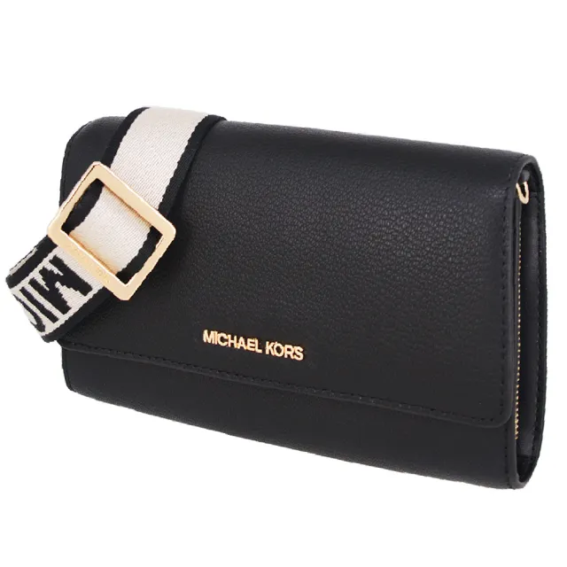 【Michael Kors】JET SET ITEM系列 牛皮皮革 金字LOGO MK WOC 寬背帶 斜背包(經典黑)