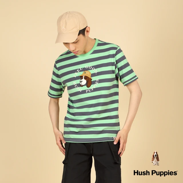 【Hush Puppies】男裝 上衣 配色橫條紋Q版刺繡漁夫帽狗短袖上衣(橄欖綠 / 43110203)