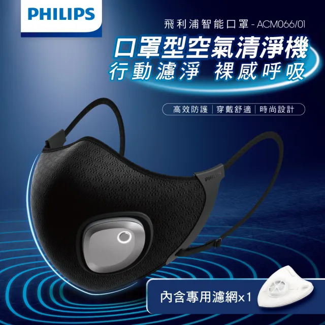 【Philips 飛利浦】智能口罩-口罩型空氣清淨機(有效濾除95%空汙花粉 運動騎車也不悶熱)
