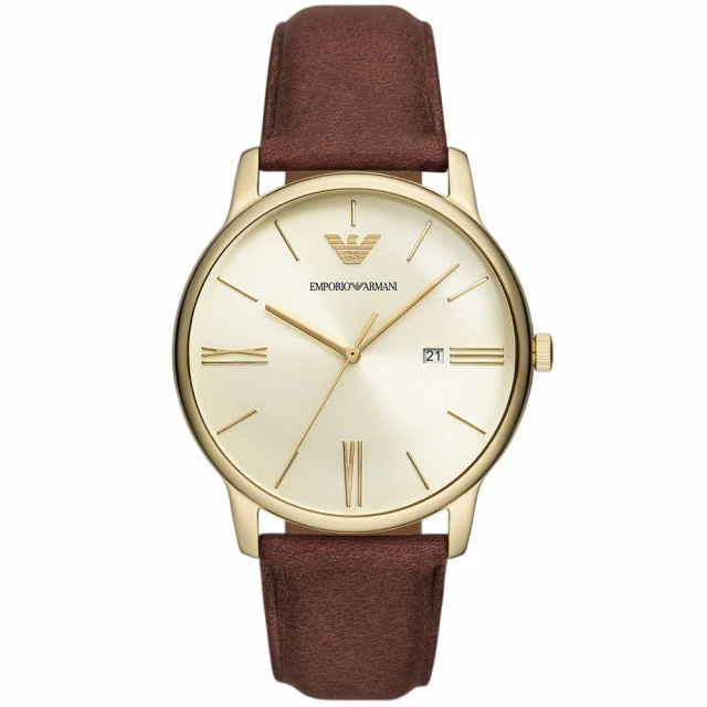 EMPORIO ARMANI 亞曼尼 公司貨 Minimalist 復古簡約皮革腕錶/棕x香檳金框(AR11610)