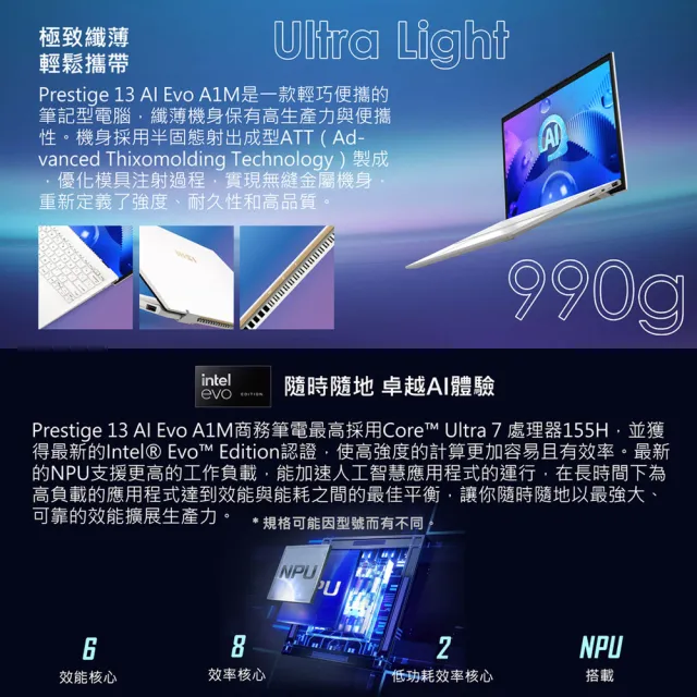 M365★【MSI 微星】Prestige 13 AI Evo A1MG-011TW(Intel Core Ultra 7 155H/32G/1T SSD/Win11Pro)