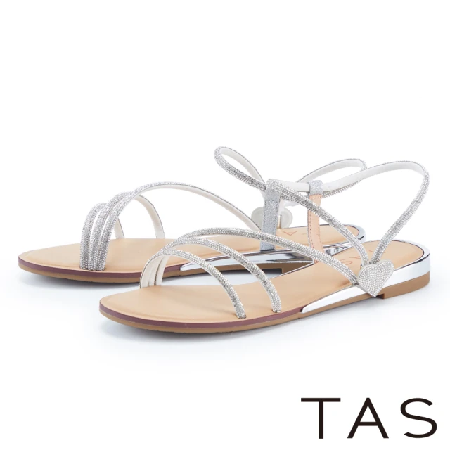 TAS 氣質細緻鑽條粗跟氣質愛心水鑽細帶平底涼鞋(粉色)折扣