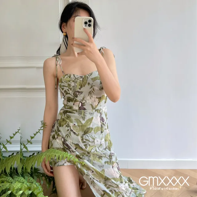 【Gmxxxx】法式夏日熱帶植物雪紡綁帶長洋裝(度假長洋裝)