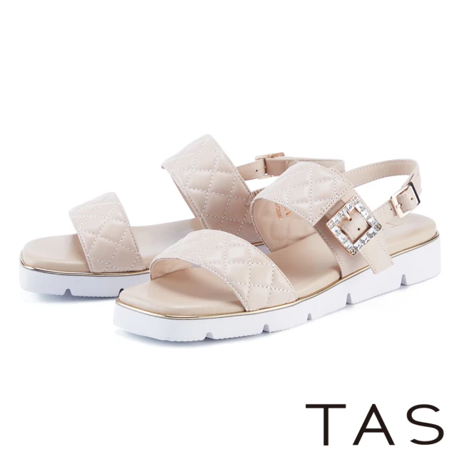 TAS 水鑽飾釦菱格縫線真皮厚底涼鞋(裸色)