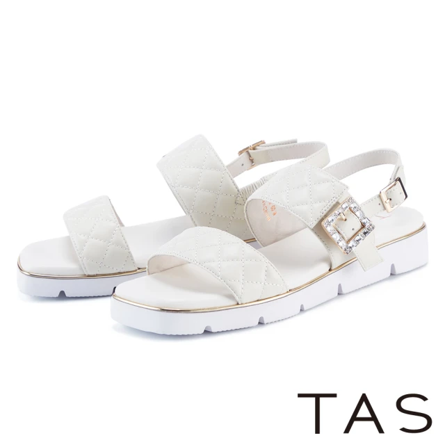 TAS 水鑽飾釦菱格縫線真皮厚底涼鞋(米白)