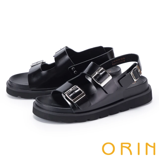 ORIN 寬版雙帶釦牛皮平底涼鞋(黑色)