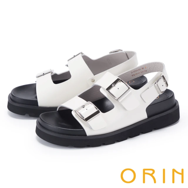 ORINORIN 寬版雙帶釦牛皮平底涼鞋(白色)