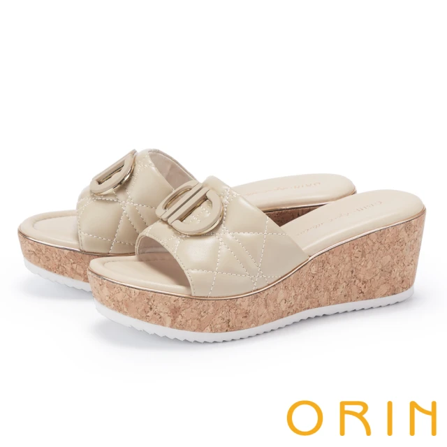 ORIN 造型縫線羊皮坡跟厚底拖鞋(米色)